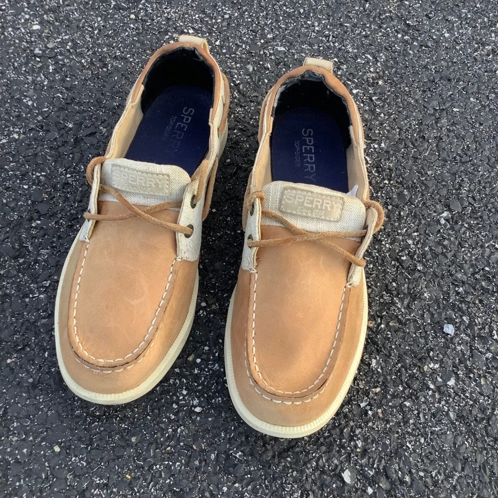 Sperry Top-Sider Womens Boat Shoes Tan Leather Canvas STS81857 Size 8.5